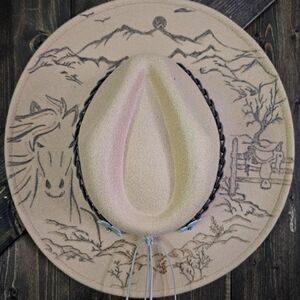 NWT Beige Burned Fedora Cowboy Hat With Horse Scene